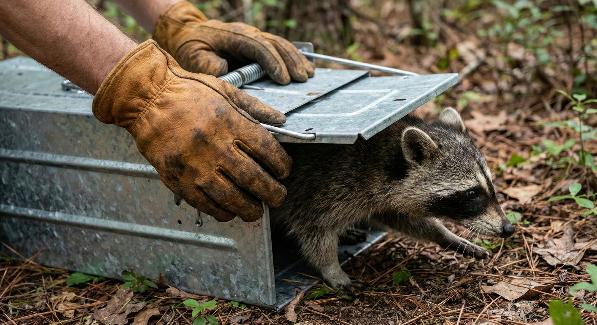 Raccoon caught in live trap being handled by person wearing gloves in wooded area for relocation. Raccoon caught in live trap being handled by person wearing gloves in wooded area for relocation.