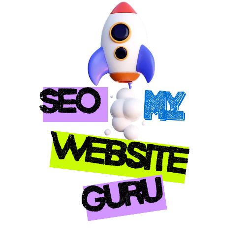 Rocket above colorful text reading “SEO MY WEBSITE GURU” on a white background