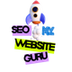 Rocket above colorful text reading “SEO MY WEBSITE GURU” on a white background