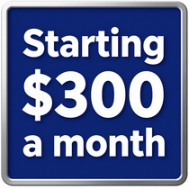 Blue sign reading “Starting $300 a month”