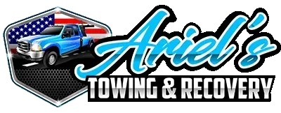 Ariel’s Towing & Recovery logo with a blue tow truck and red-white-blue shield design