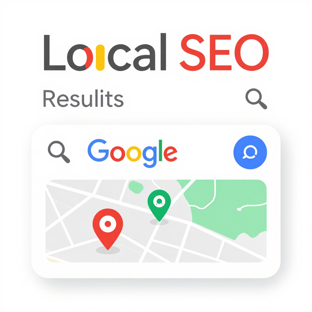 Local SEO results graphic with Google map pins and search icons SEO My Website Guu
