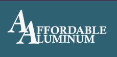 Affordable Aluminum logo on a blue background with white text and stylized overlapping “A” letters