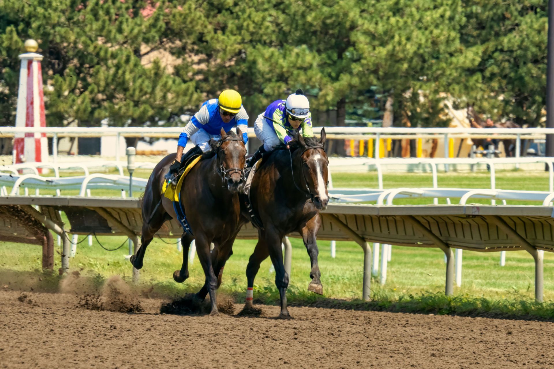 Two racehorses with jockeys racing side by side on a dirt track