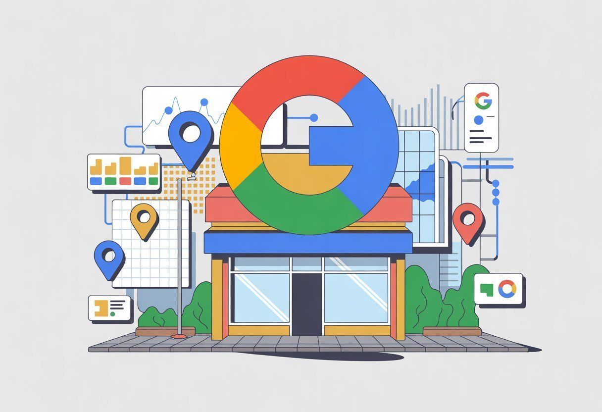 Google storefront with colorful logo, map pins, and search icons suggesting local business search.