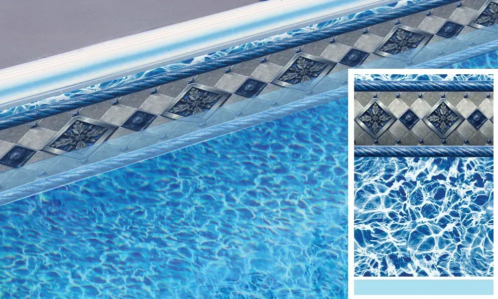 A picture of a swimming pool with a blue tile border.
