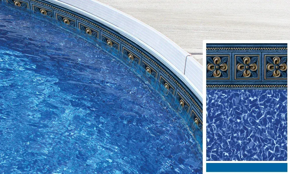 A close up of a swimming pool with a blue tile border.