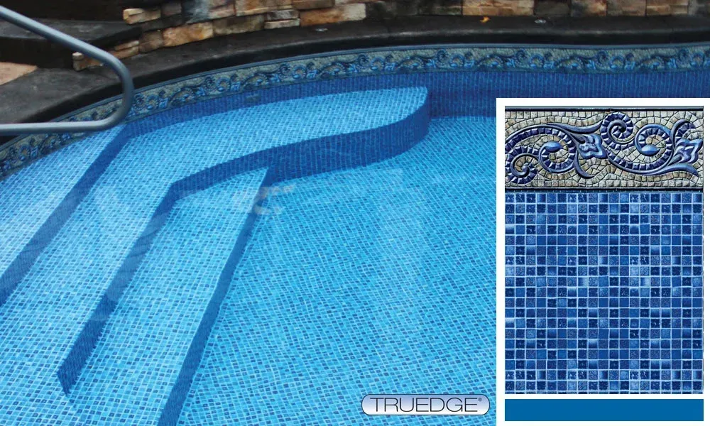 A picture of a swimming pool with stairs and a picture of a blue tile border.