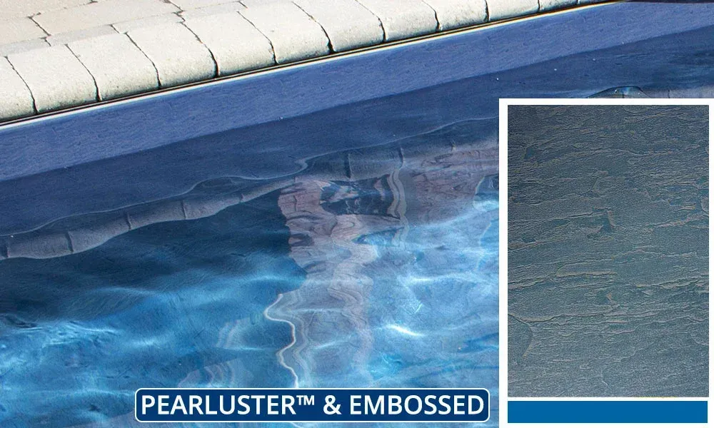 A picture of a swimming pool with the words pearlluster embossed on the bottom