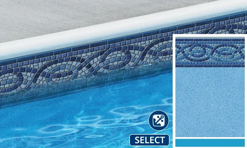 A swimming pool with a blue tile border and a sign that says select