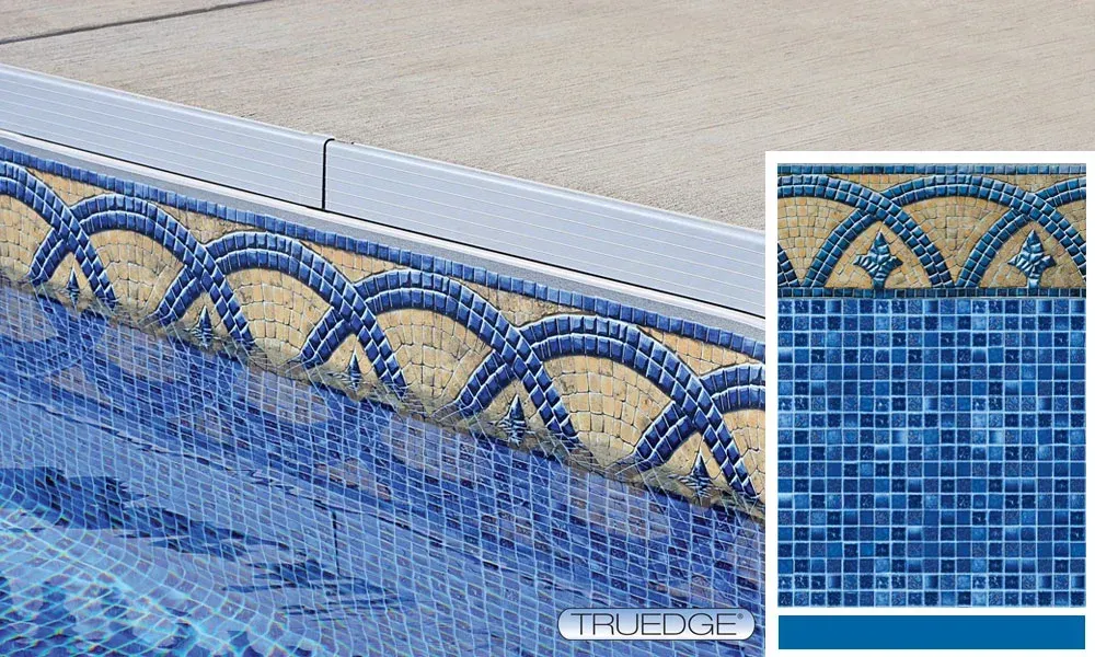 A picture of a swimming pool with a blue tile border