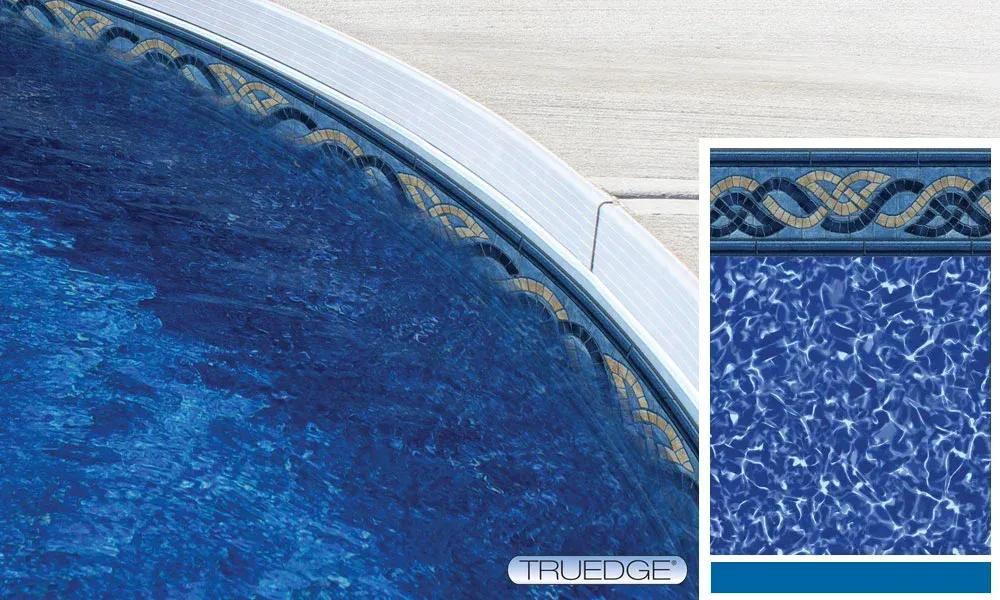 A picture of a swimming pool with a blue and gold border