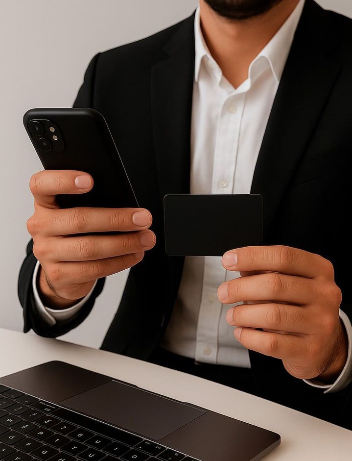 Un hombre con traje sostiene una tarjeta de crédito y un teléfono celular.