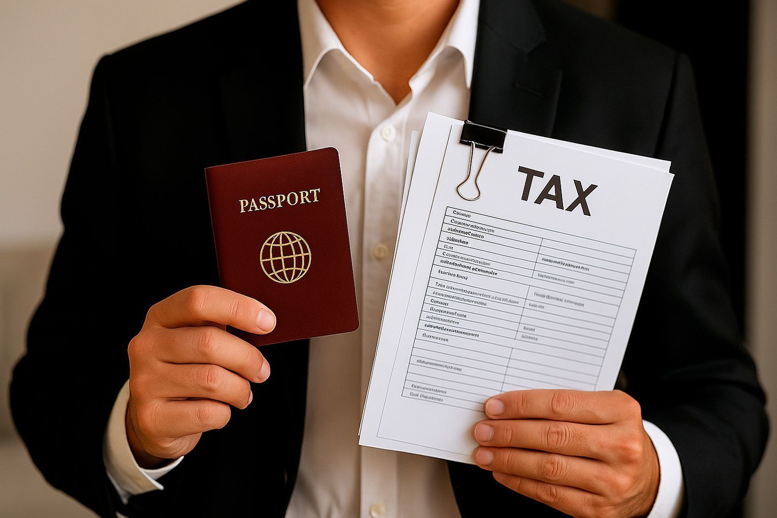 Un hombre con traje sostiene un pasaporte y un formulario de impuestos.