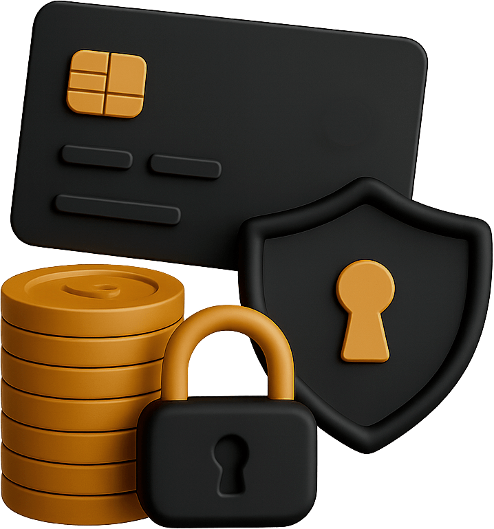 A 3d illustration of a credit card , coins , a padlock and a shield.