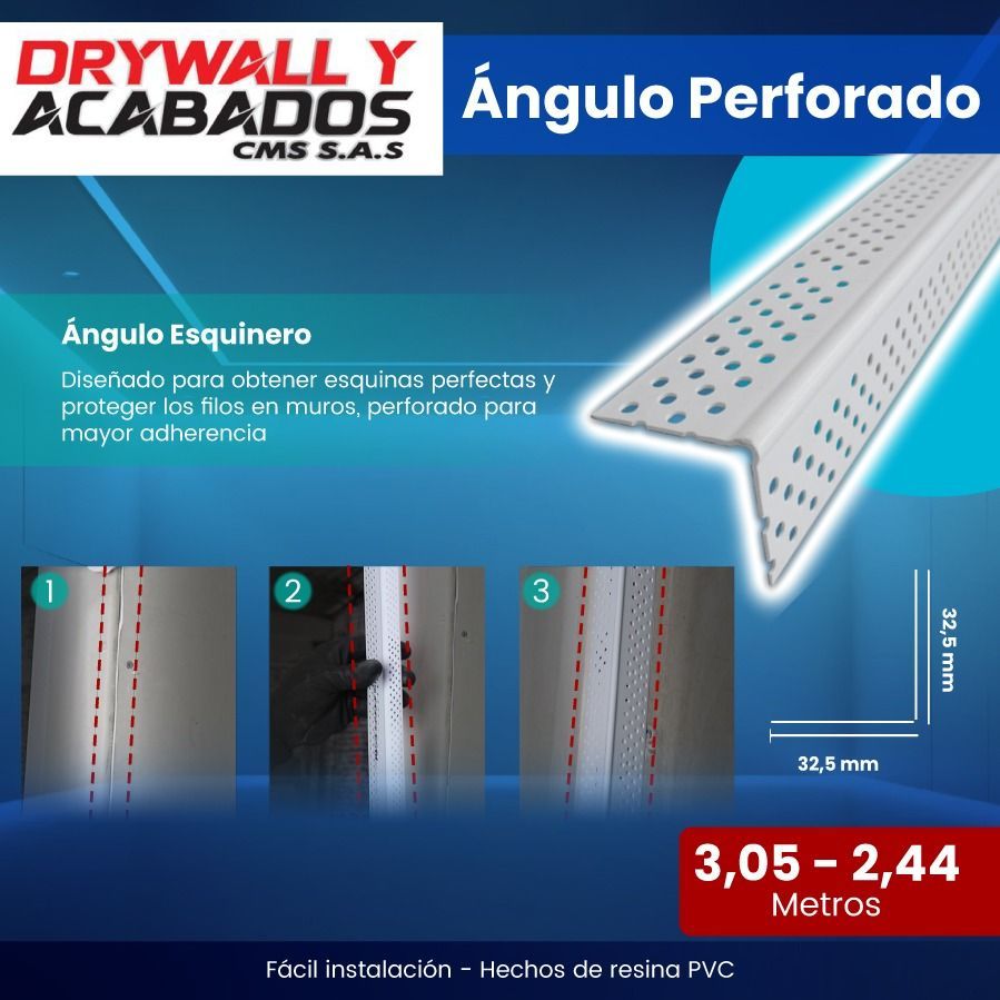Gráfico promocional de un ángulo de esquina perforado para paneles de yeso. Muestra el producto y los pasos de instalación.