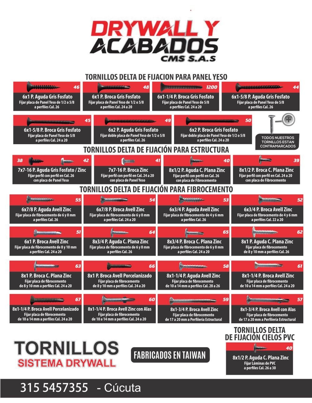 Tabla de tornillos para drywall de Drywall y Acabados CMS SAS con detalle del producto e información de contacto.