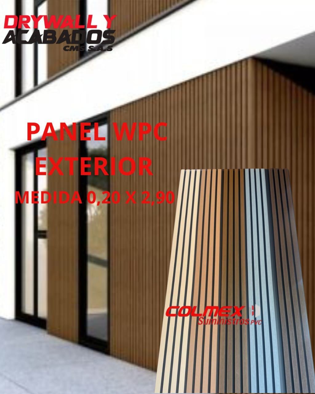 Revestimiento exterior de WPC en la fachada del edificio. El texto detalla las dimensiones del panel y la marca.
