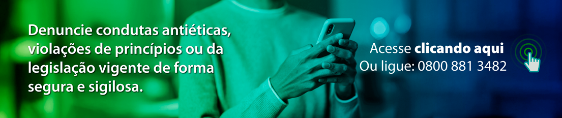 Banner com pessoa segurando telefone. Texto: