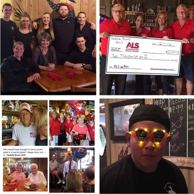 Group of people at a restaurant, presenting a check for ALS, and one person wearing light-up glasses.