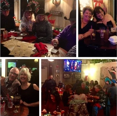 Groups of people at a bar, drinking and socializing. Some wear cowboy hats. Warm lighting, festive atmosphere.