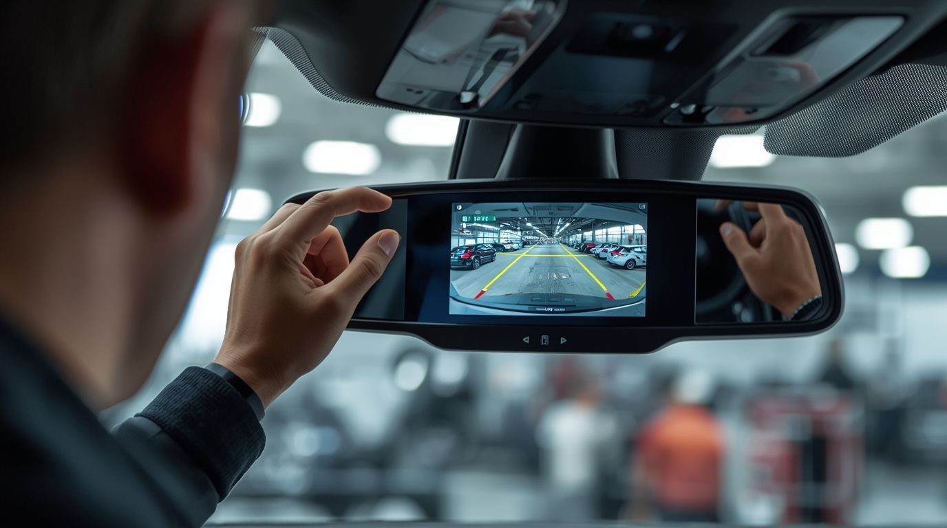 Person adjusts a rearview mirror with a screen displaying a rear-view camera view in a car dealership.
