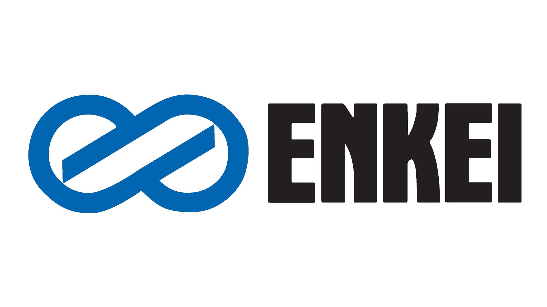 Blue and white Enkei logo. Blue infinity symbol on the left,