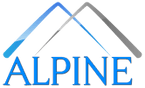 Blue and gray mountain peaks logo with the word