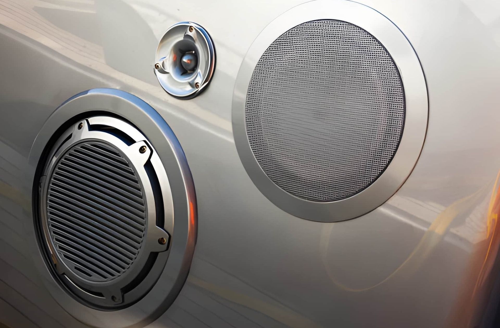 Close-up of a silver car's rear panel with circular mesh vents and a fuel door.