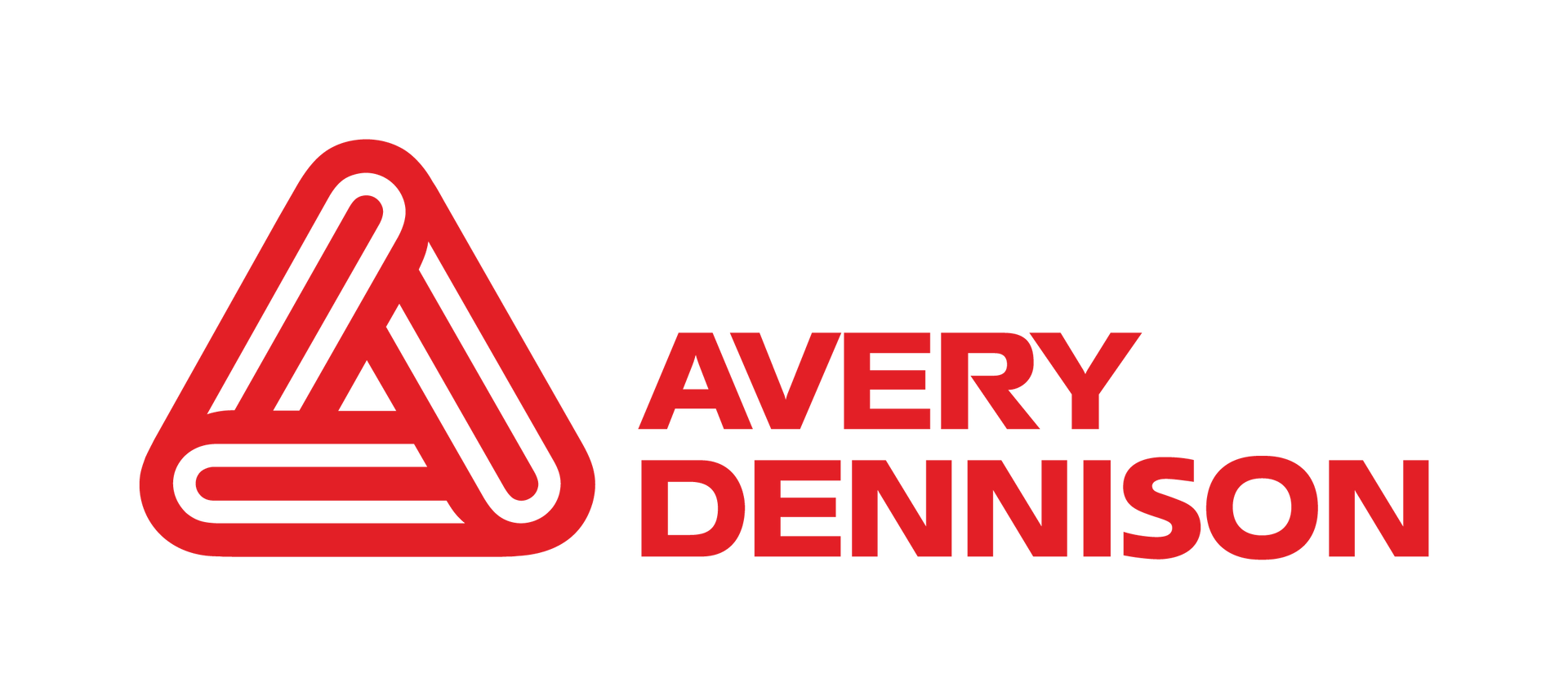 Red Avery Dennison logo: triangular design with interwoven lines, followed by the company name.