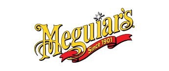 Meguiar's logo: Yellow script lettering with red ribbon and