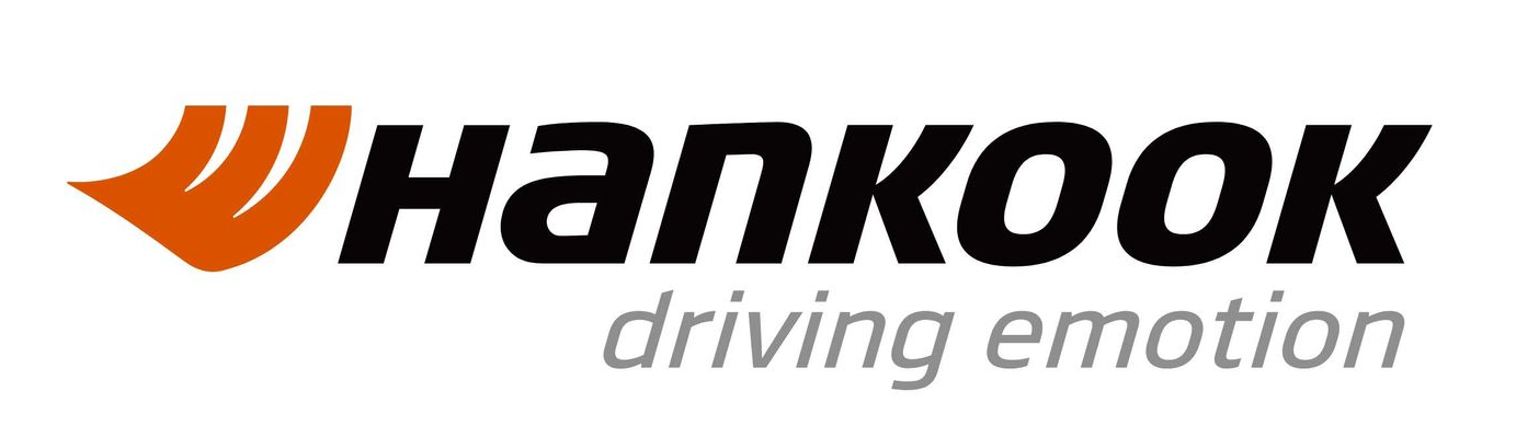 Hankook tire logo with orange and black graphic and grey text, 