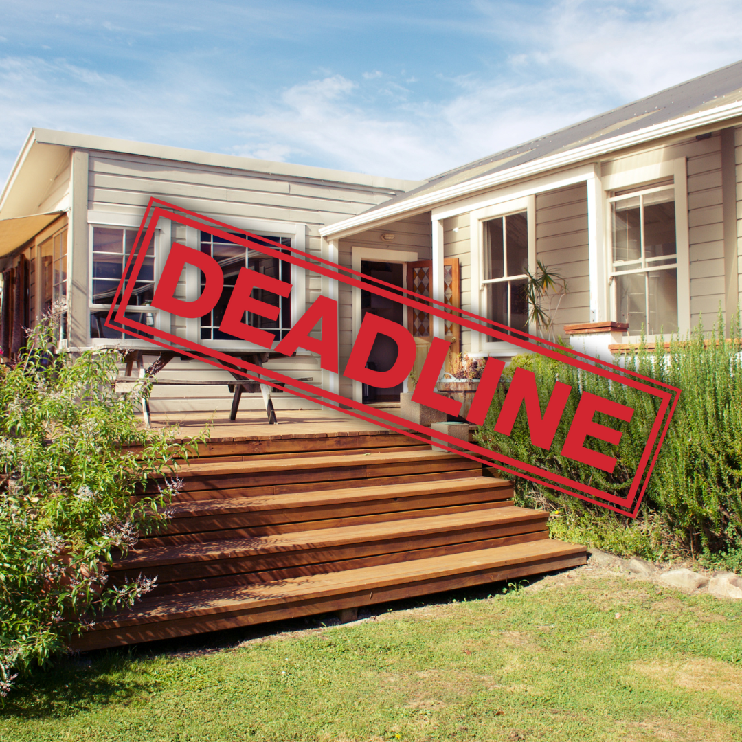 New Zealand house with deck and steps.  Word 'DEADLINE' stamped on image.