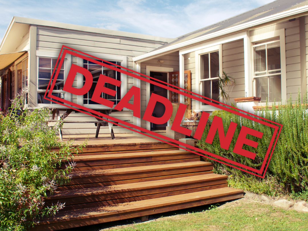 House with deck and steps. Image stamped with the word 'DEADLINE'.