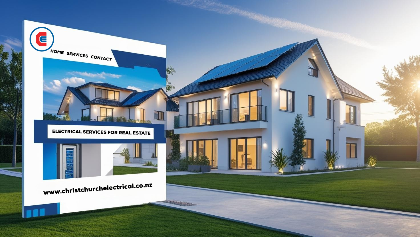 Residential property with overlaid webpage with Christchurch Electrical logo and title of 'Electrical Services for Real Estate'.