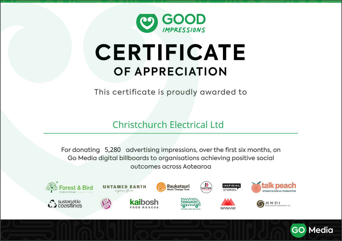 Good Impressions Certificate of Appreciation for Christchurch Electrical