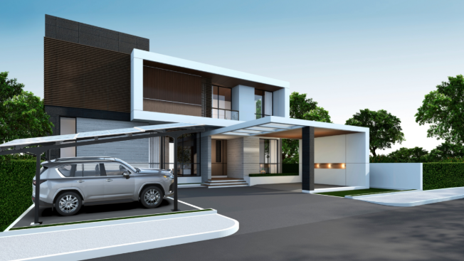 Goodwe Solar Carport outside of architectural home