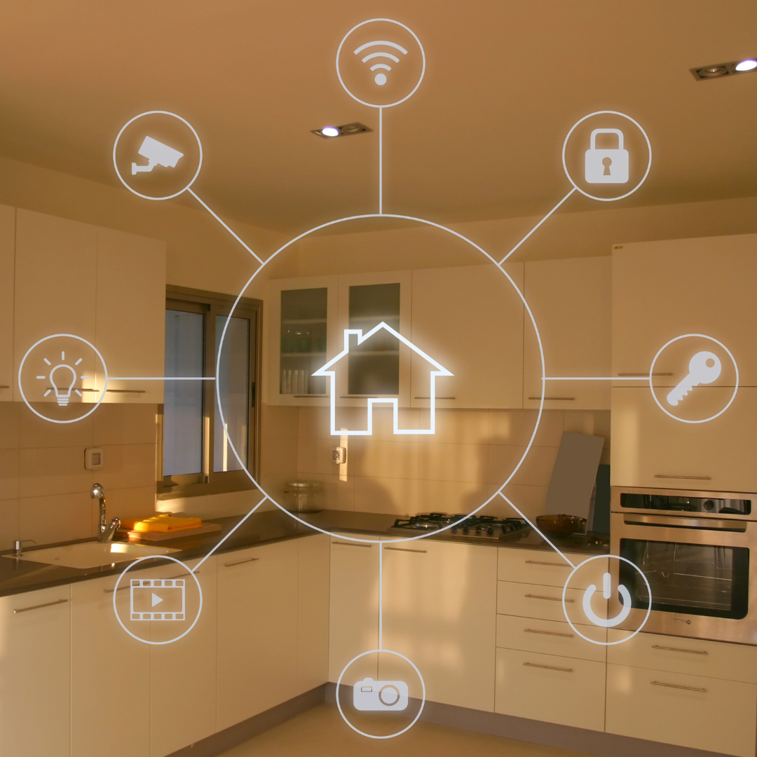 Home automation icons with kitchen in the background