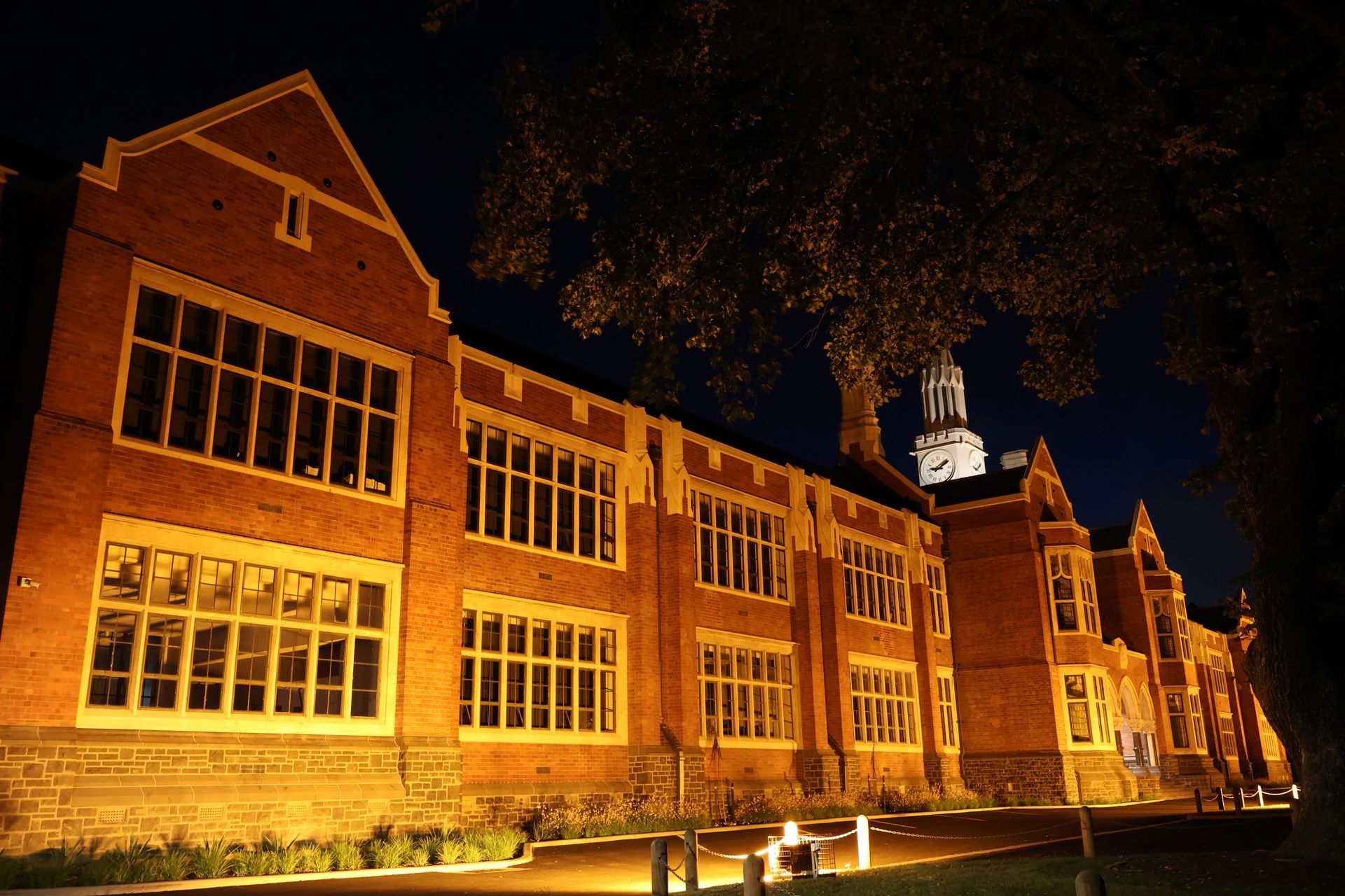 Christchurch Boys High School (front of school, side angle) at night displaying lighting installed by Christchurch Electrical.