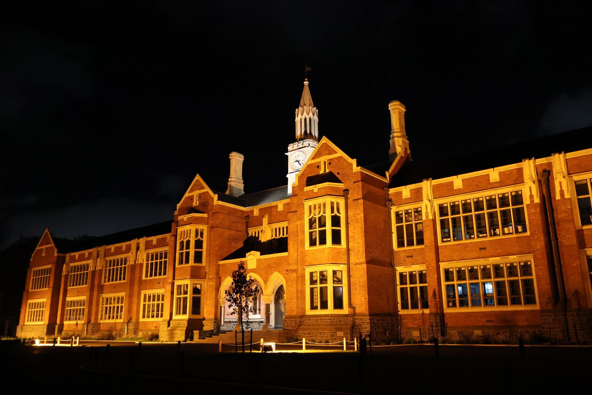 Christchurch Boys High School at night displaying lighting installed by Christchurch Electrical.
