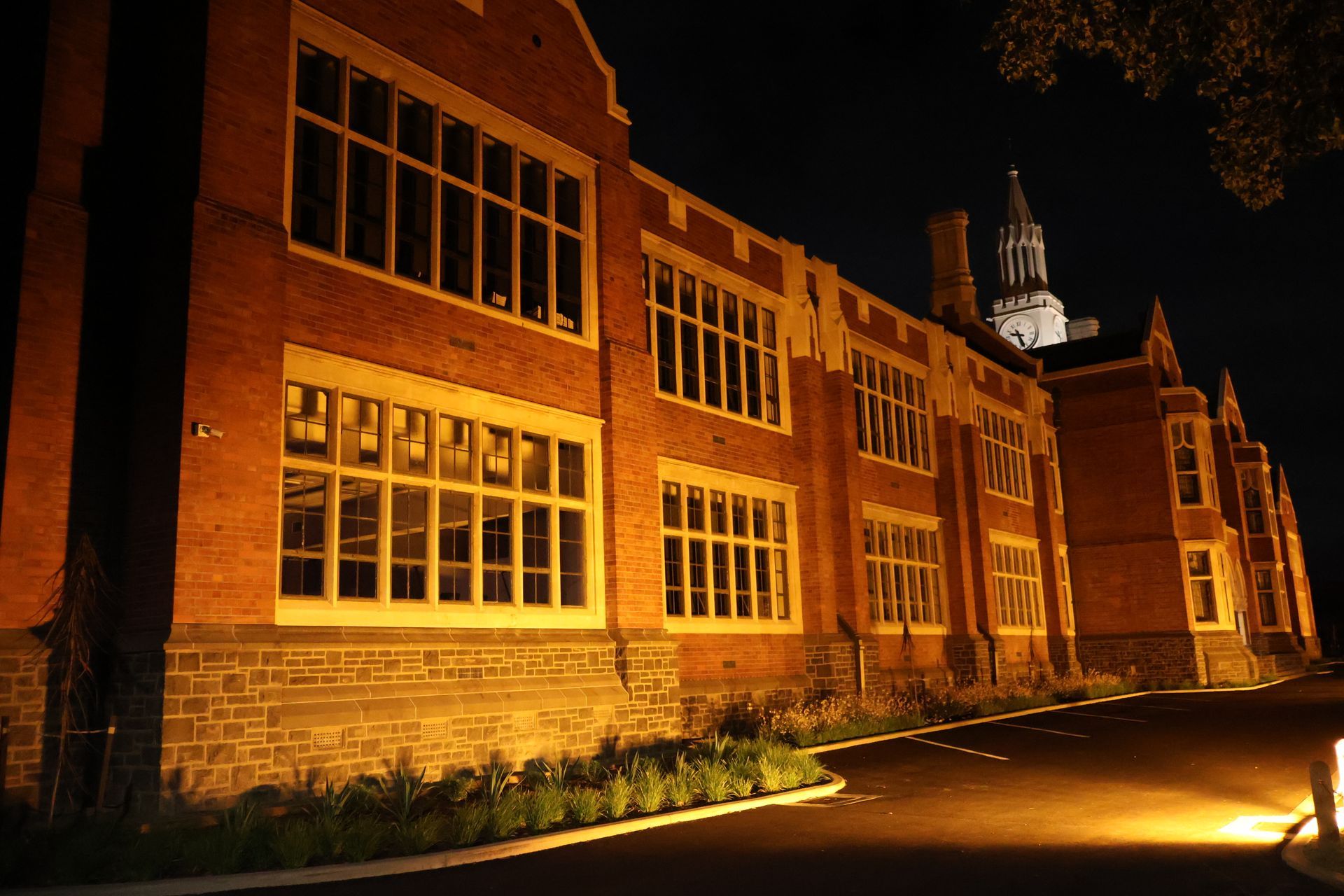 Christchurch Boys High School at night displaying lighting installed by Christchurch Electrical.