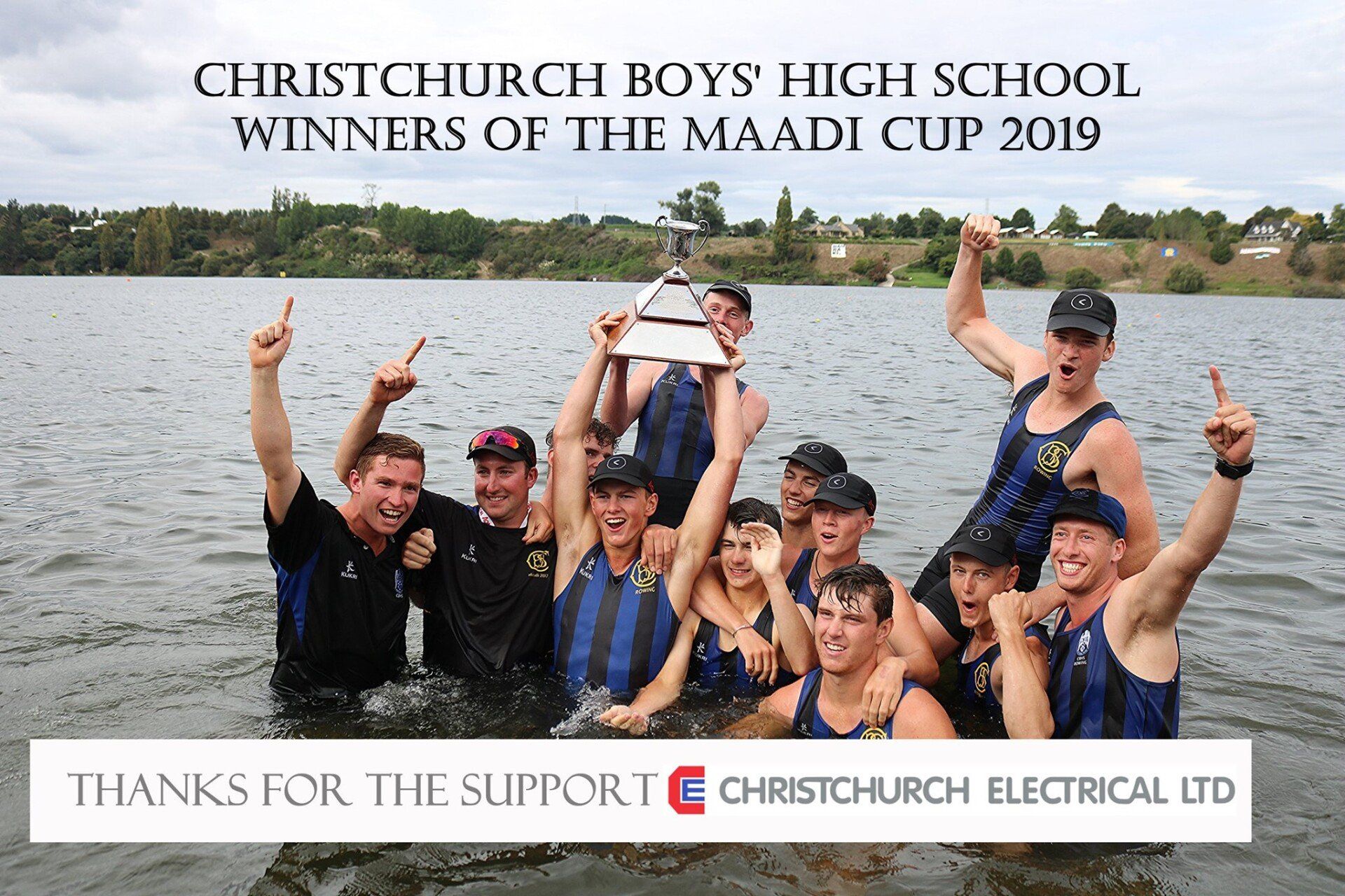 Christchurch Boys High School Rowing Team Celebrating Maadi Cup 2019 in Water