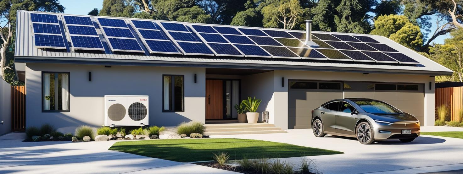 House with solar panels, heat pump outdoor units and electric car