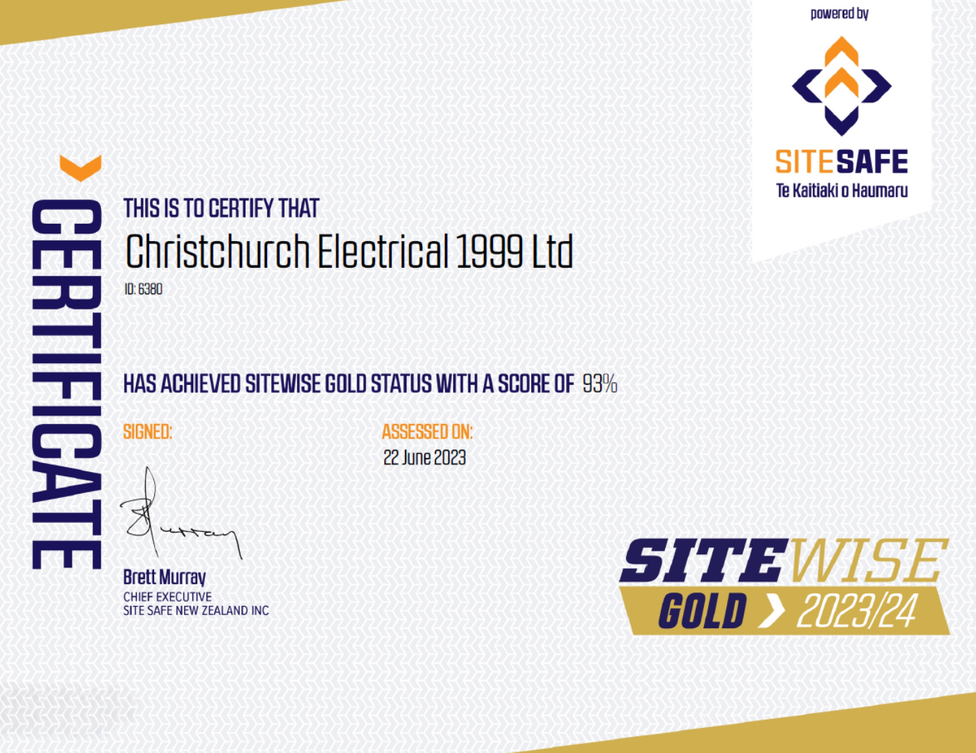 Christchurch Electrical Site Wise 2023/2024 Gold Certificate
