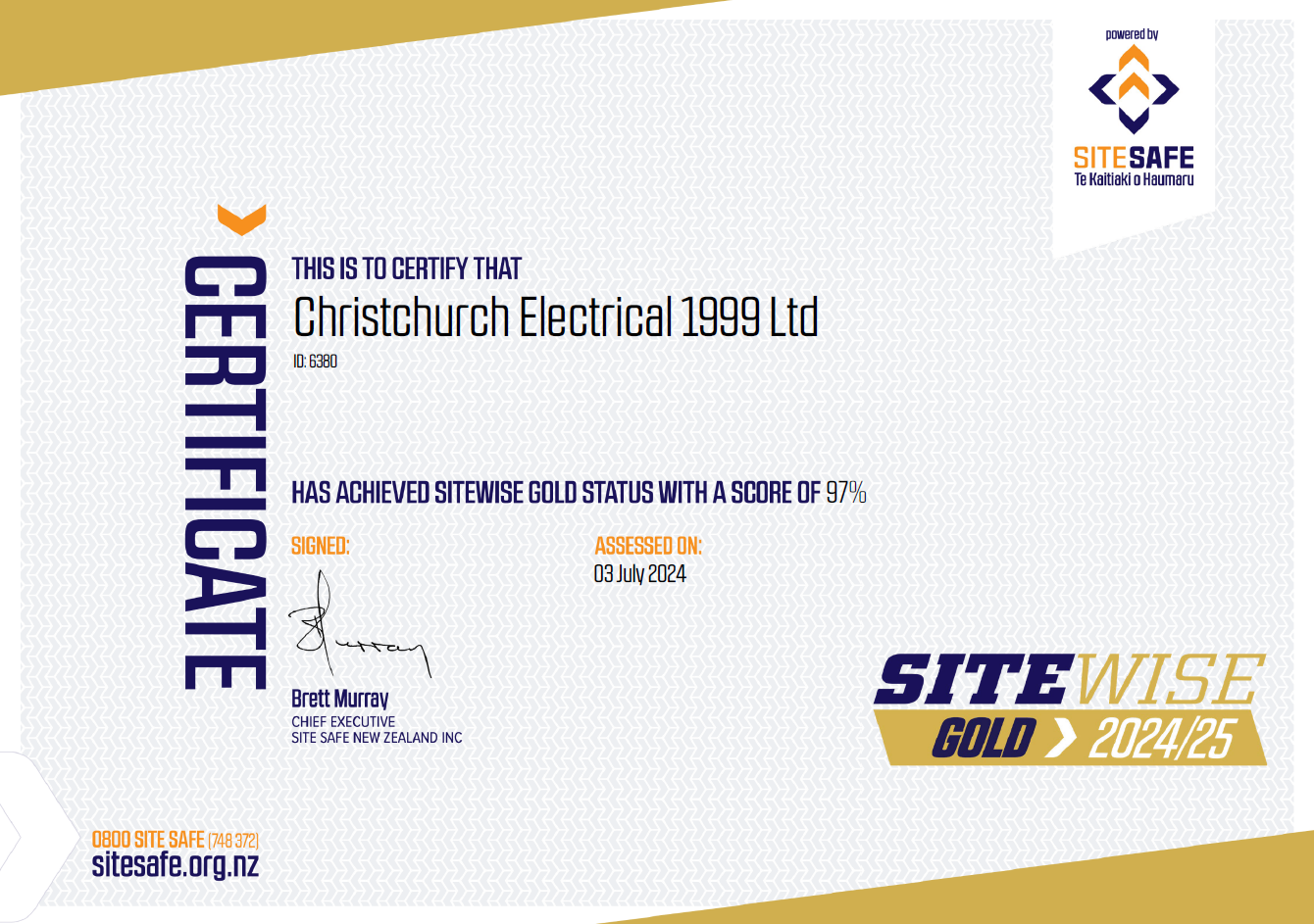 Christchurch Electrical Site Wise Gold Certificate 2023/2024