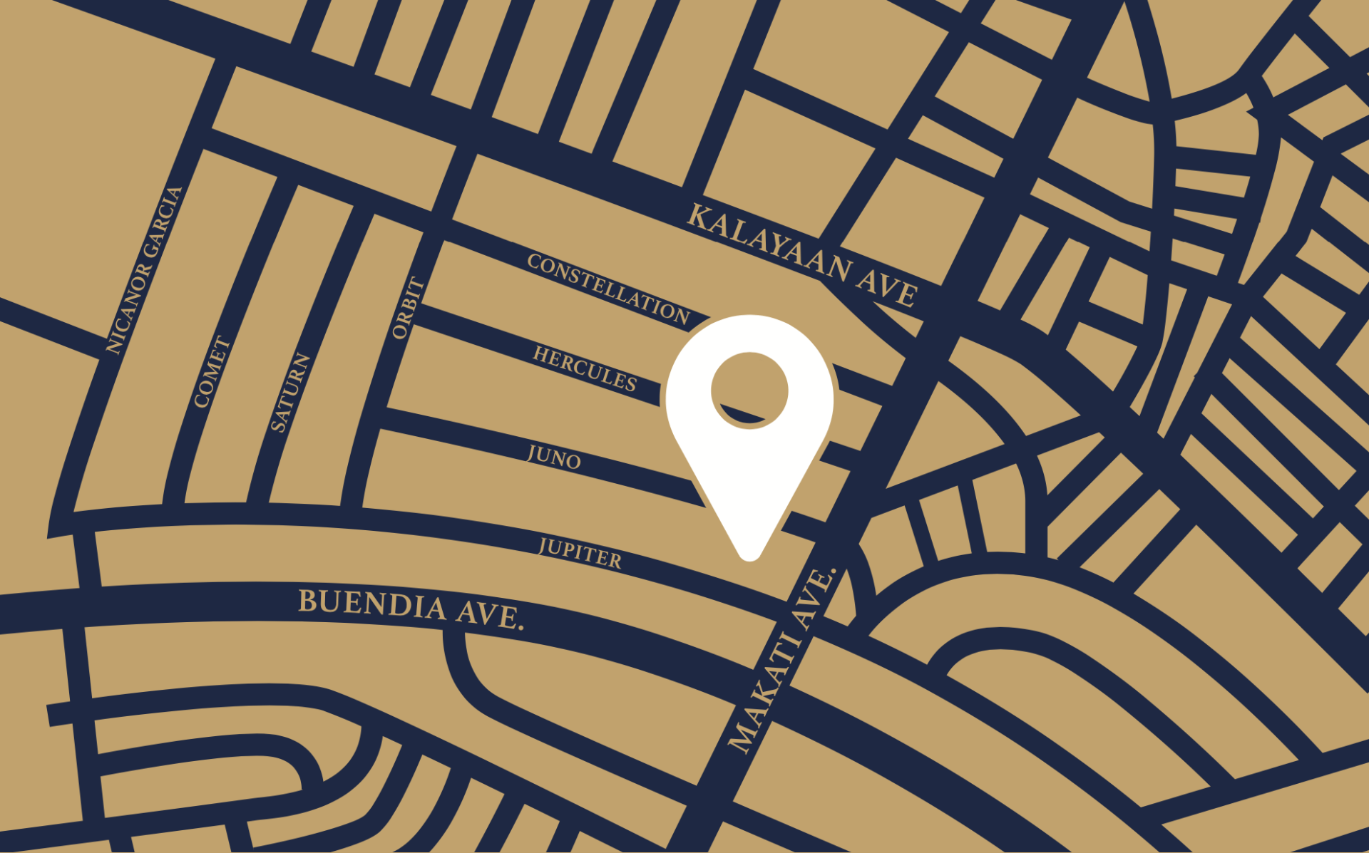 Map with location marker. Brown background, blue street lines, white marker centered near streets.