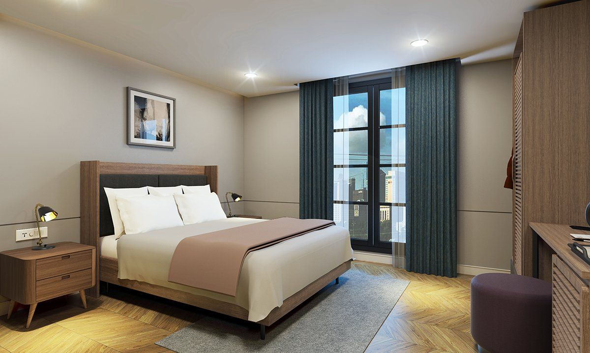 Bedroom with bed, nightstand, curtains, and wooden closet; neutral tones.