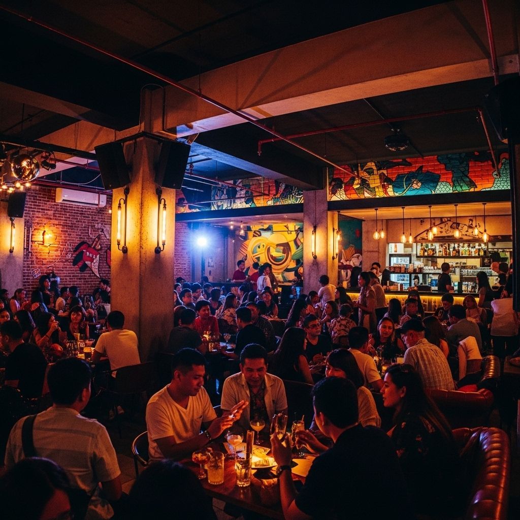 A large group of people are sitting at tables in a restaurant in Poblacion