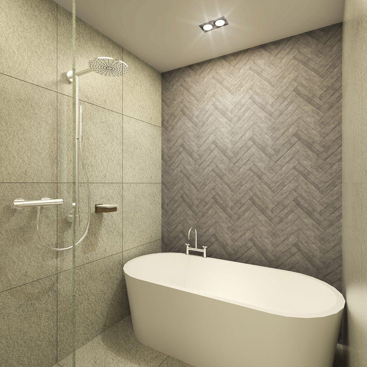Bathroom with a white bathtub, gray herringbone tile, and a glass shower.