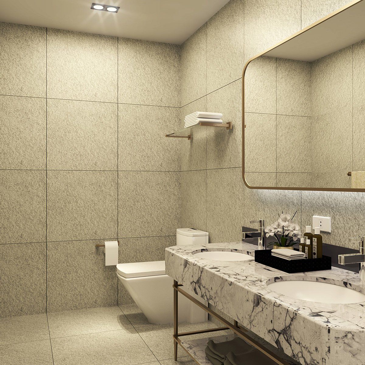 Modern bathroom with marble countertop, toilet, and large mirror. Neutral tones, minimalist design.